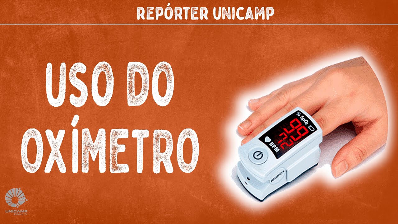 imagem mostra o fundo laranja do repórter unicamp, à esquerda a frase "uso do oxímetro" e à direita um oxímetro colocado em um dedo