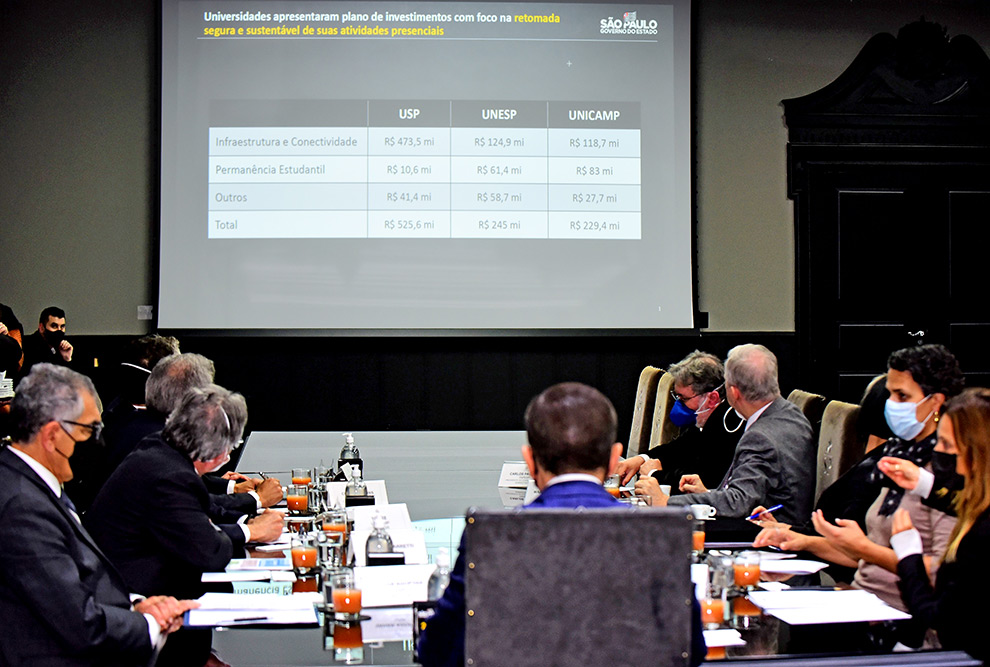 Universidades estaduais recebem R$ 1 bilhão em repasse do Governo de São Paulo foto mostra representantes de entidades científicas em reunião com dória