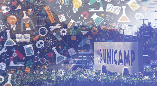 Projetos de divulgação científica na Unicamp difundem conhecimento acadêmico audiodescrição: ilustração com ícones referentes à ciência e no fundo há uma fotografia da unicamp