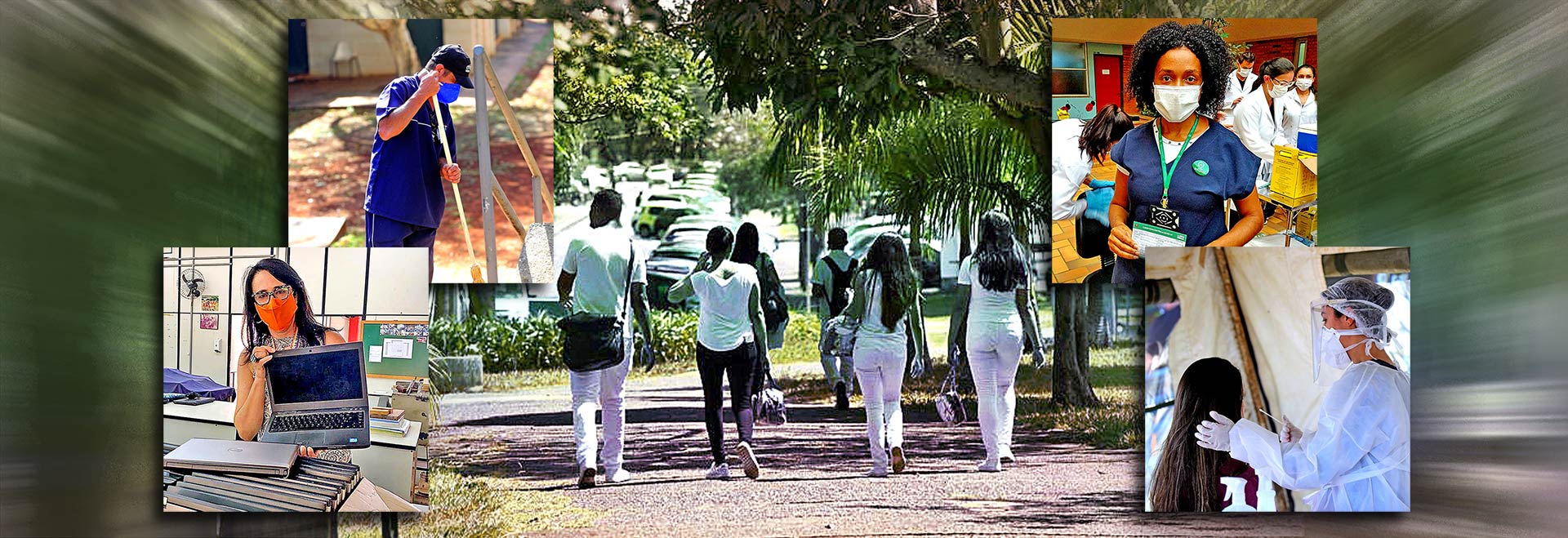 Lançamento ocorre no dia 9 de dezembro, em frente ao Hospital de Clínicas, com divulgação de portal do projeto e programação de atividades para 2022 montagem de imagens mostra, ao centro, profissionais andando em um caminho e, ao redor, fotos com profisisonais da saúde e de outras áreas da unicamp