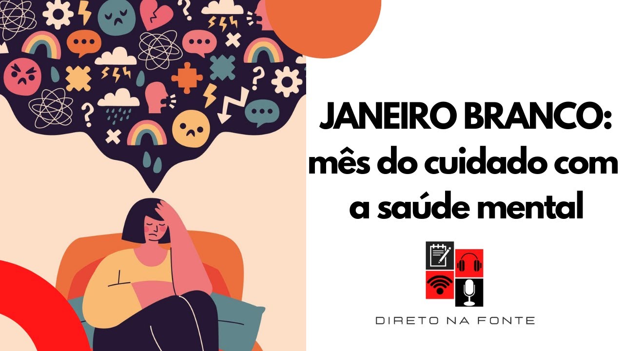 imagem mostra uma ilustração de pessoa com balão de pensamento cheio de coisas. ao lado, o título "janeiro branco: mês de atenção à saúde mental"
