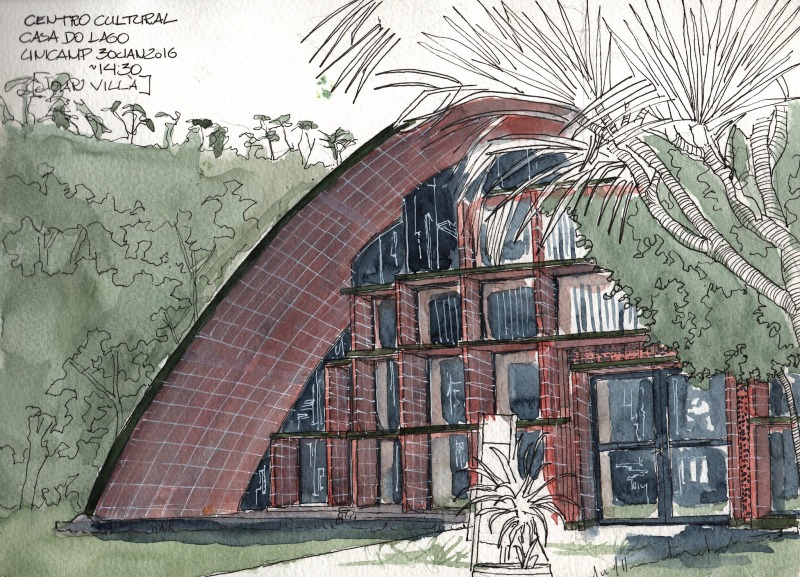 Urban sketch da fachada do Espaço Cultural Casa do Lago, na Unicamp, por Flávio Ricardo