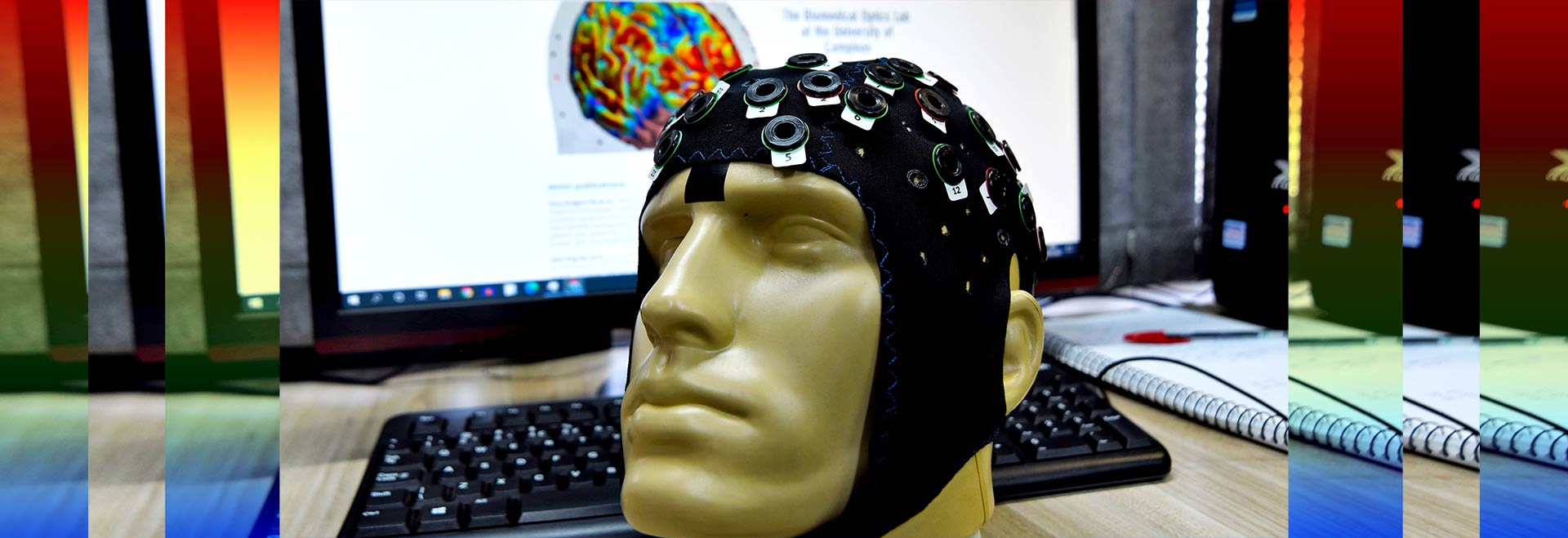 foto mostra cabeça de manequim vestindo uma touca de eletroencefalografia
