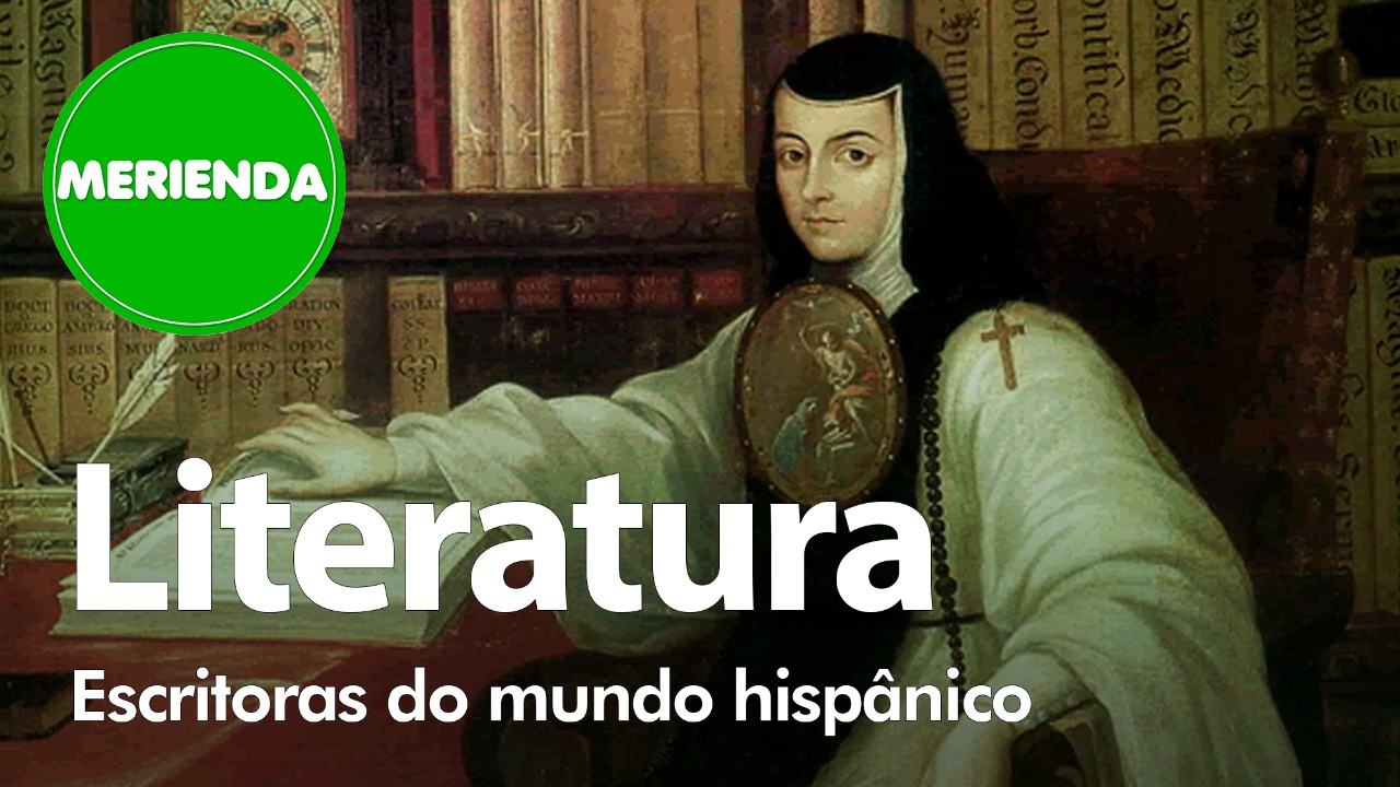 Capa que introduz o vídeo mostra uma pintura que retrata a poetisa Juana Inés de la Cruz ao fundo. Ela se debruça sobre um grande livro. No canto superior à esquerda está um circulo verde com o nome do programa: merienda. Abaixo está escrito: Literatura, escritoras do mundo hispânico