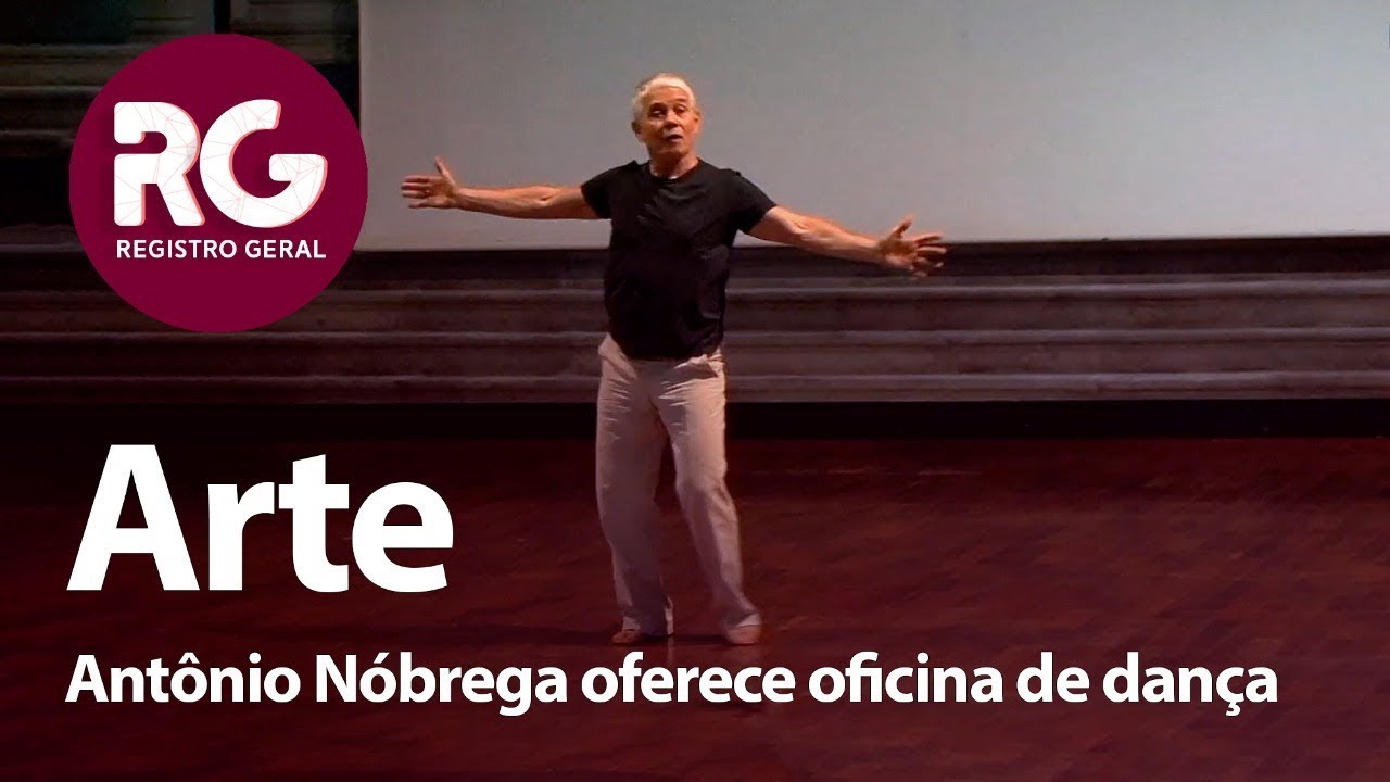Foto de Antonio Nobrega com os braços abertos em movimento da oficina de dança. Acima à esquerda aparece um circulo com a sigla RG Unicamp. Está escrito sobre a foto; Arte, Antônio Nóbrega oferece oficina de dança