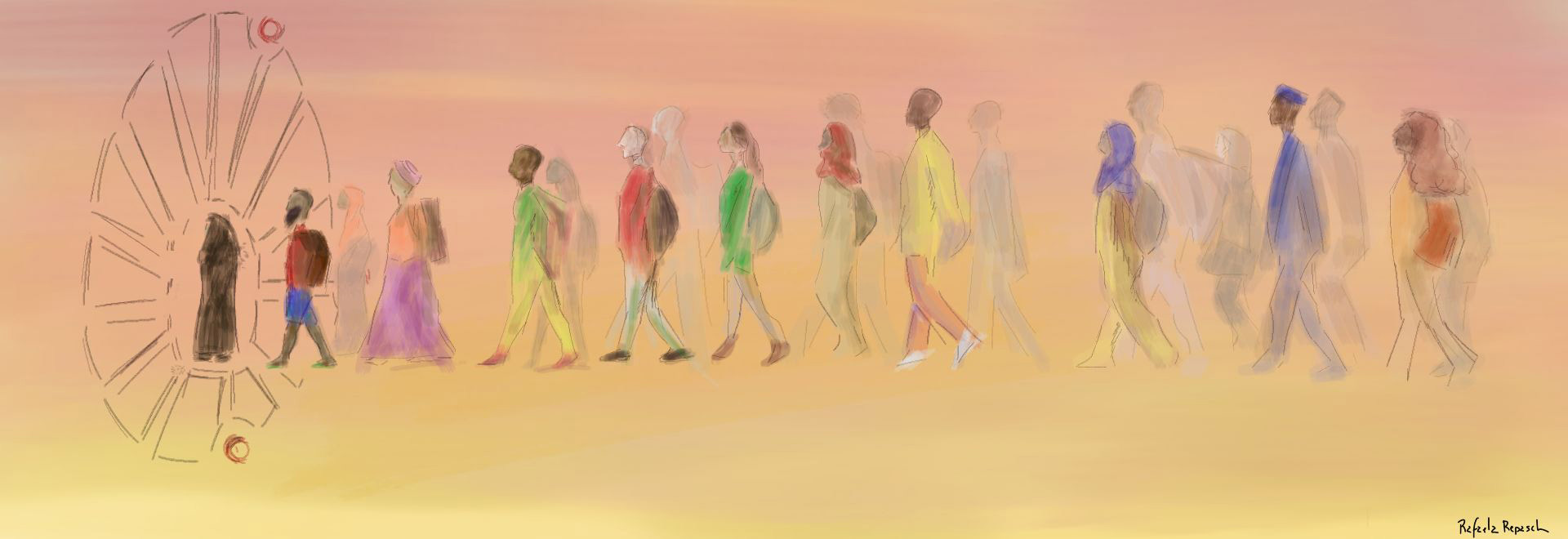 Imigrantes que estejam em situação de refúgio, ainda que com outro status jurídico ou com a solicitação de reconhecimento em andamento, podem ingressar na Universidade Audiodescrição: ilustração colorida de 10 pessoas caminhando como se estivessem numa fila, uma atrás da outra, da direita para a esquerda da imagem. À frente delas, em tamanho ampliado, desenho estilizado do logo da Unicamp, como se ao centro tivesse uma porta de entrada. Nas ilustrações das pessoas, quase todas carregam mochilas nas costas e algumas usam lenços na cabeça. Ao fundo, rascunhos sombreados de outras pessoas. O fundo da ilustração é em tom róseo. Imagem 1 de 1.