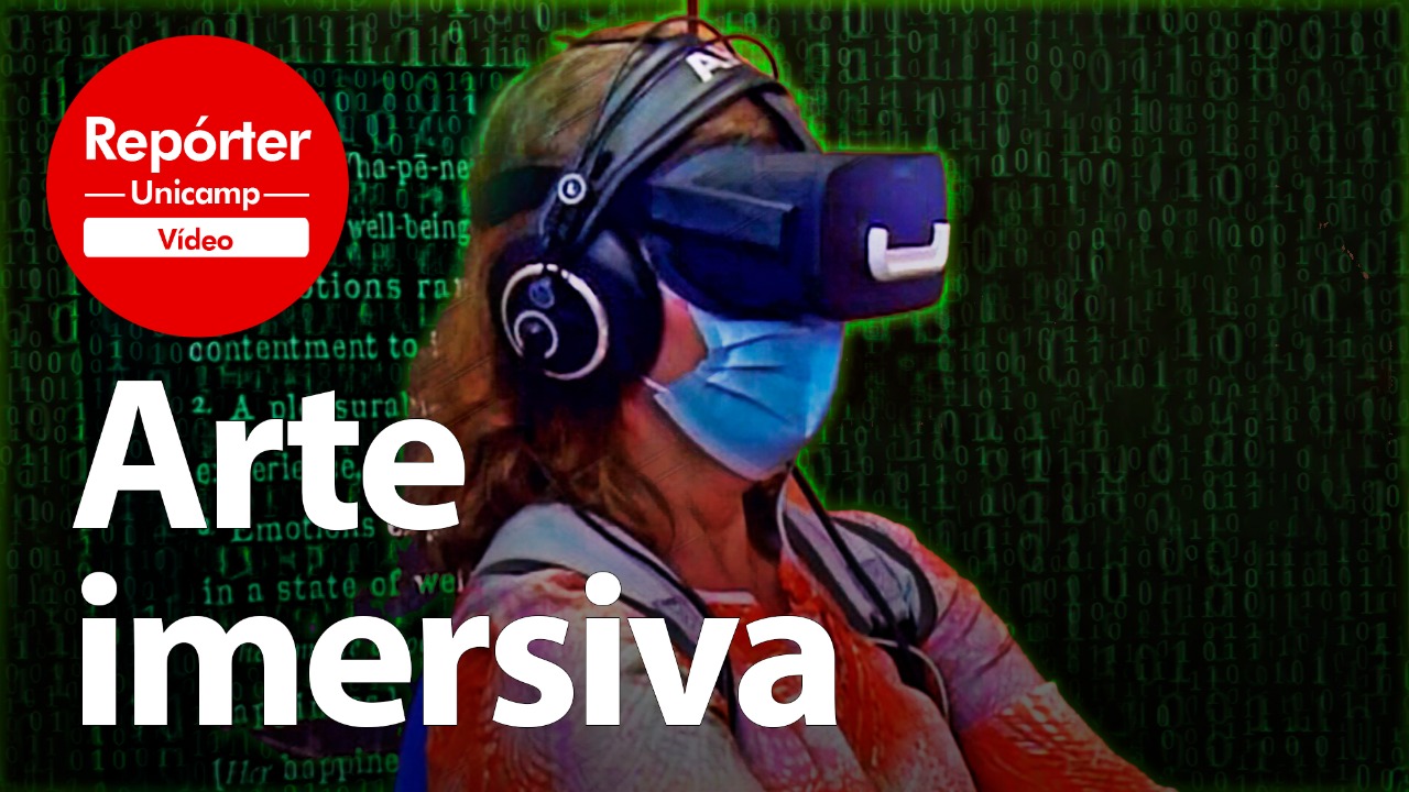Imagem de capa do programa com o título "Arte Imersiva". No canto superior direito estpa o logotipo do programa Repórter Unicamp, uma circunferência vermelha com o nome do programa. No centro está uma foto da repórter utilizando um oculos de realidade virtual.