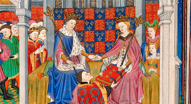 Detalhe da capa de um livro que traz uma pintura que retrata uma cena de um casamento, entre um homem e mulher que usam mantos e coroas