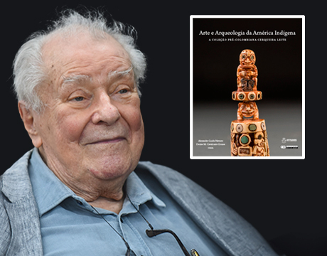 O físico Rogério Cerqueira Leite; o livro apresenta 794 artefatos, sendo 599 peças inteiras e 195 fragmentos de estatuetas, esculturas, vasos e cerâmicas das Américas