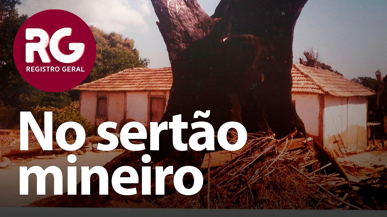 Sobre a imagem do tronco de uma árvore e entulhos, com uma casa antiga da zona rural ao fundo, o título do quadro Registro Geral - No sertão mineiro