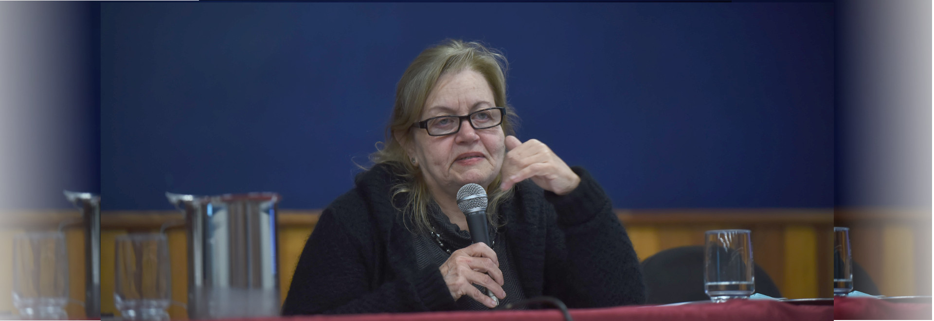 Audiodescrição. Foto: Antonio Scarpinetti. No palco de um auditório, imagem frontal à curta distância de mulher sentada em cadeira que fala ao microfone segurando-o com a mão esquerda, enquanto gesticula com a mão esquerda mantendo o cotovelo apoiado sobre uma mesa disposta à frente. Sobre a mesa há uma jarra de inox, à esquerda da foto, e um copo de vidro com água. Ao fundo, parede azul. Ela usa óculos e veste blusa preta de lã. Imagem 1 de 1.