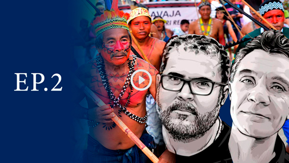 Imagem de capa do vídeo com montagem de fotos de indígenas e ilustrações de Bruno e Dom