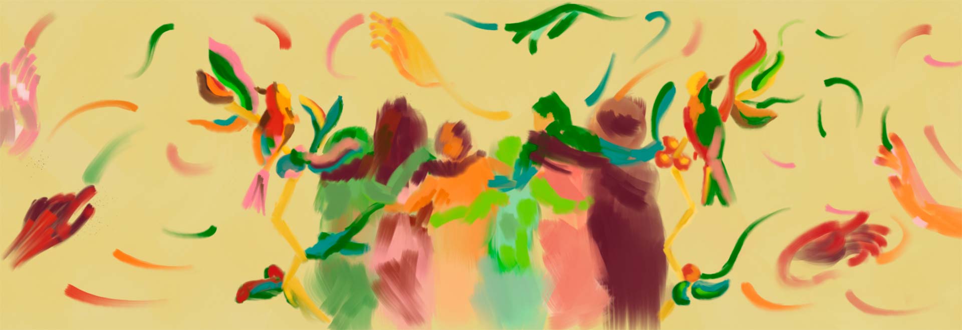 A declaração reafirma a busca da Unicamp pelo conhecimento e sua transmissão e reitera a vocação da instituição para a cultura da liberdade e do pluralismo (Ilustração: Rafaela Repasch) Audiodescrição. Ilustração: Rafaela Repasch. Imagem colorida a média distância de 6 pessoas em pé, abraçadas lateralmente, e de costas. Elas vestem roupas em cores vivas, como verde, laranja e rosa. Ao redor dessas pessoas há vários outros pequenos desenhos, como aves, flores e mãos, além de curtos traços circulares como se simulassem vento e movimento. Todo o fundo da ilustração é bege. Imagem 1 de 1
