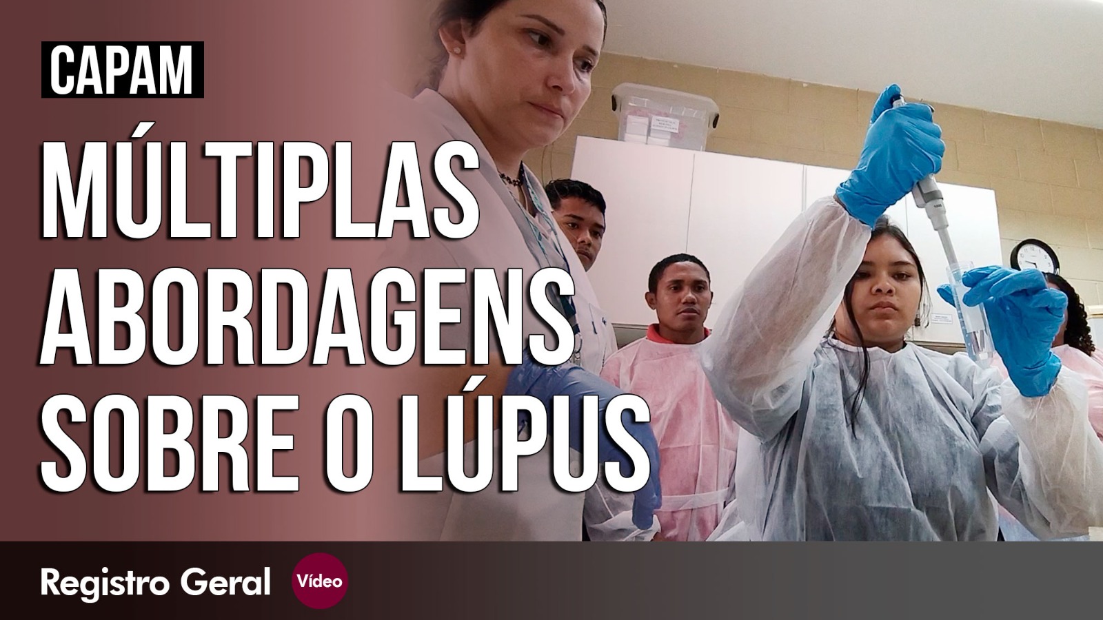 metade da tela com fundo rosa e legenda - múltiplas abordagens sobre o lúpus - outra metade alunos com jaleco em laboratório