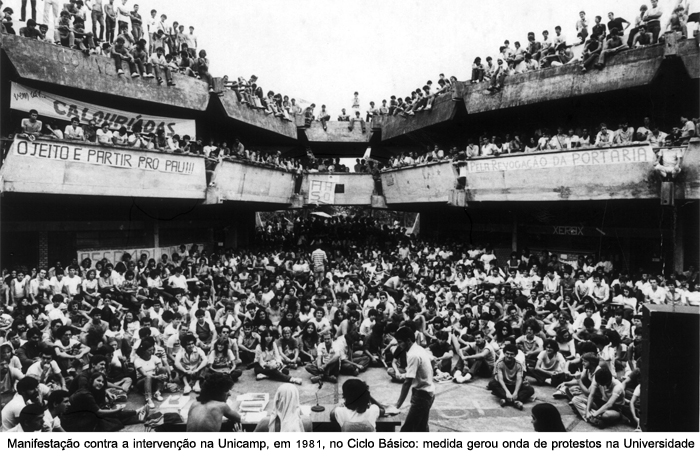 Manifestação contra a intervenção na Unicamp, em 1981, no Ciclo Básico: medida gerou onda de protestos na Universidade
