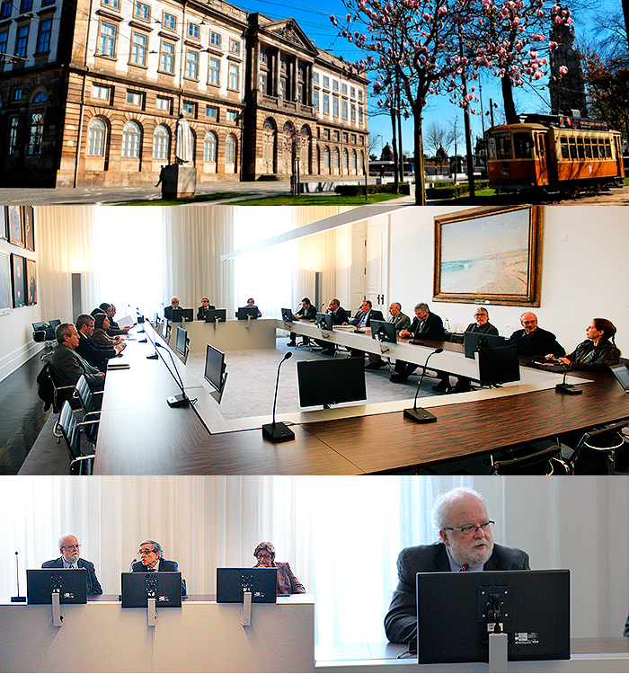 Fachada da Reitoria da Universidade do Porto. Internamente, reunião com o reitor José Tadeu Jorge; o reitor da UP, Sebastião Feyo de Azevedo e a vice-reitora, Maria de Fátima Marinho