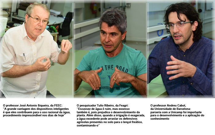 O professor José Antonio Siqueira, da FEEC, o pesquisador Tulio Ribeiro, da Feagri e o professor Andreu Cabot, da Universidade de Barcelona