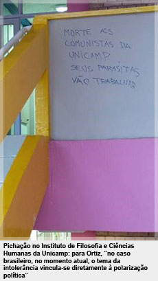 Pichação no Instituto de Filosofia e Ciências Humanas da Unicamp: para Ortiz, “no caso brasileiro, no momento atual, o tema da intolerância vincula-se diretamente à polarização política”