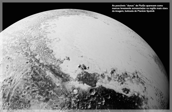 As possíveis “dunas” de Plutão aparecem como marcas levemente acinzentadas na região mais clara da imagem, batizada de Planície Sputnik