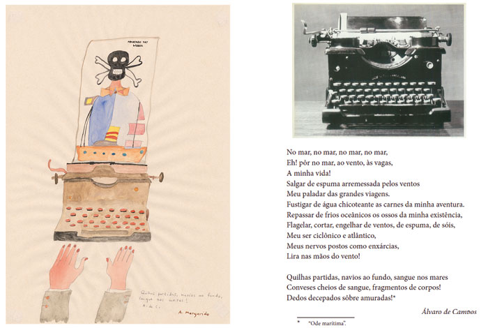 Aquarela de Alfredo Margarido imagem de uma maquina de escrever e poesia de Alvaro de Campos (heterononimo de Fernando Pessoa)
