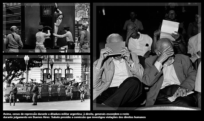 Acima, cenas de repressão durante a ditadura militar argentina; à direita, generais escondem o rosto durante julgamento em Buenos Aires: Sabato presidiu a comissão que investigou violações dos direitos humanos