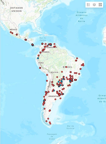 Mapa da América do Sul marcado com pontos.