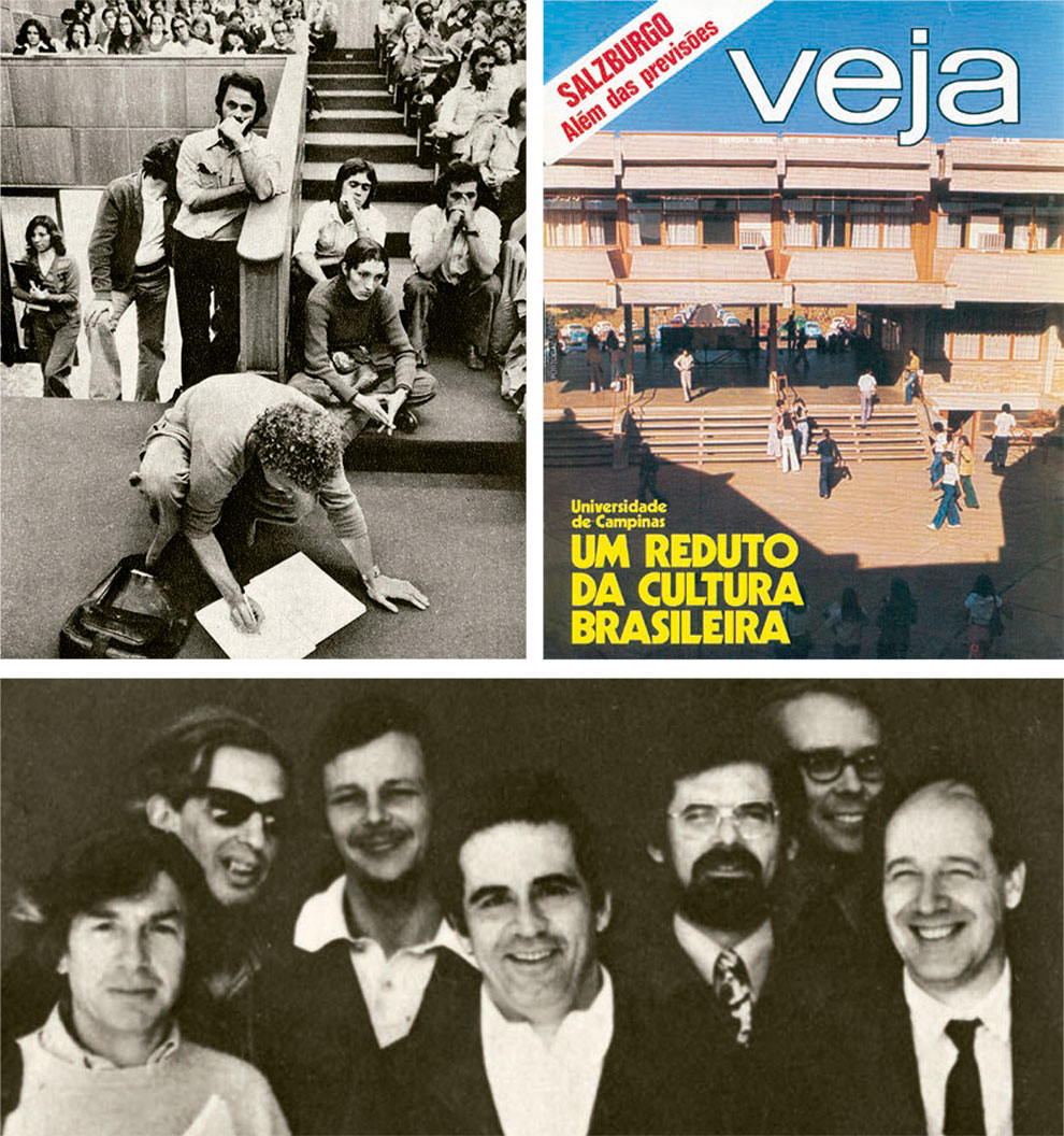 Composição com três fotos. Em sentido horário, foto de um grupo de pessoas em um auditório; foto da capa de uma edição da revista Veja; foto de um grupo de homens que aparecem de pé e sorrindo.