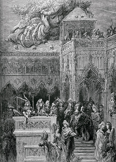 Ilustração em preto e branco que mostra um grupo de pessoas nas escadarias de um castelo.