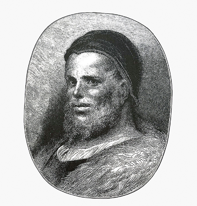 Ilustração em preto e branco do rosto de um homem.