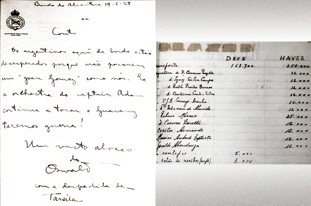 Carta de Oswald de Andrade a Couto de Barros, 1928; caderneta na qual eram registradas as contribuições para a Klaxon