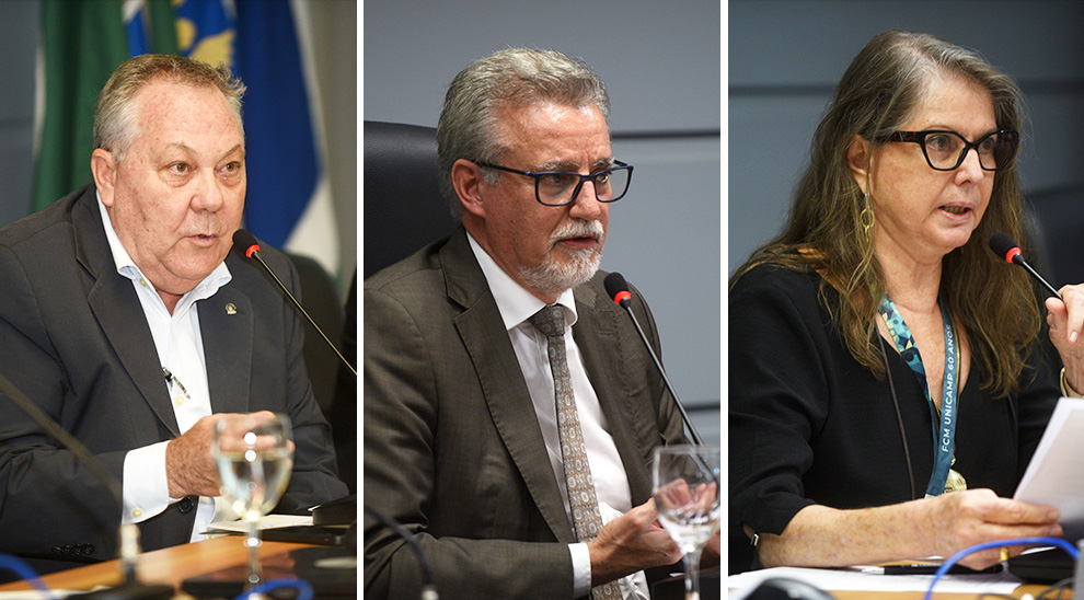 Da esquerda para direita, o chefe de Gabinete, Paulo César Montagner; o reitor Antonio Meirelles e a coordenadora-geral da Universidade, Maria Luiza Moretti: programa vai pagar bolsas de permanência estudantil