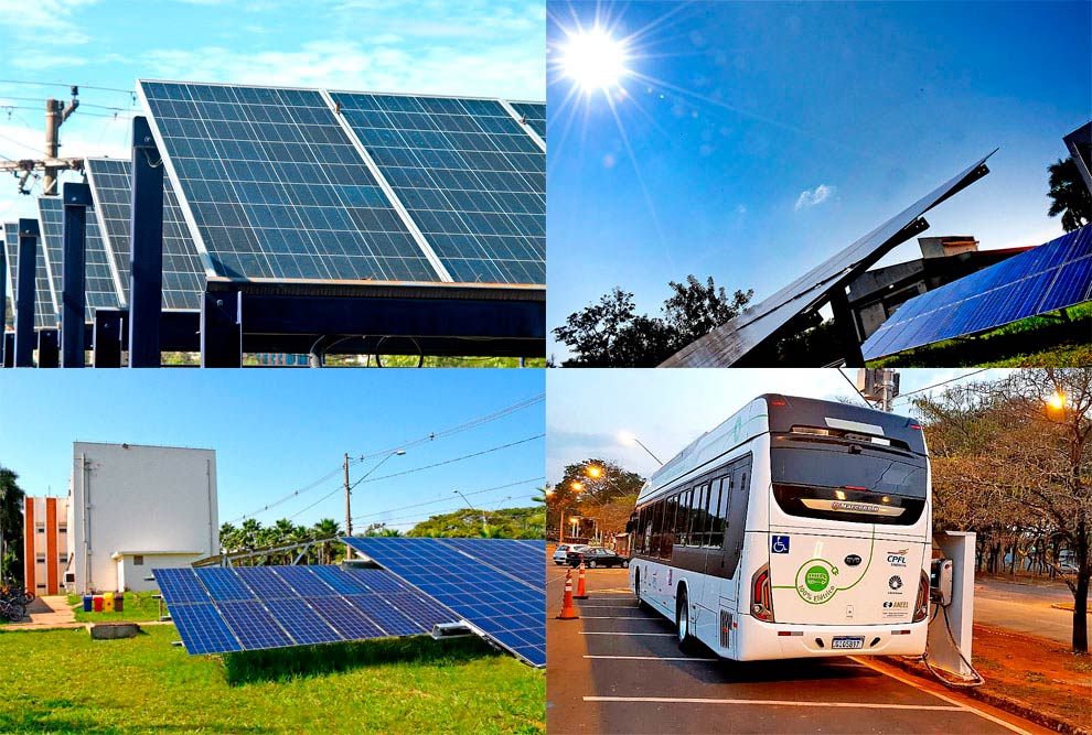 Na área de energia, o projeto Mais Fotovoltaica é direcionado para triplicar a capacidade de geração de energia por meio da luz solar; em circulação na Unicamp o ônibus 100% elétrico