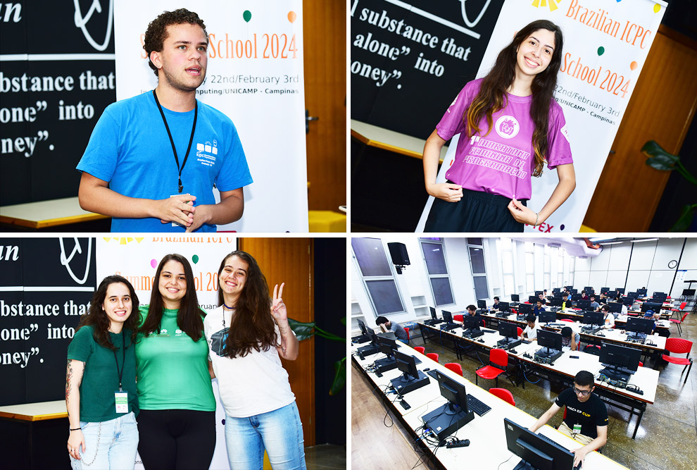 No sentido horário, os estudantes de ciência da computação da Unicamp Ian Matheus Tavares e Silva e Larissa Gomes, equipes durante atividade prática e as alunas da UNB, Maria Eduarda de Holanda, Natália Pereira e Maria Eduarda Carvalho Santos
