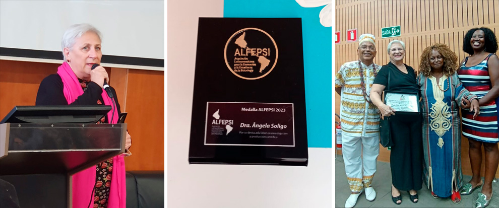 Angela Soligo durante premiação Alfepsi (à esquerda) e a medalha recebida (ao centro); a docente ao receber o prêmio Destaque Axé