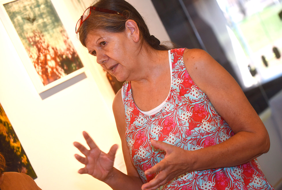 Audiodescrição: fotografia colorida mostra professora Ivanir gesticulando enquanto dá entrevista. Ao fundo há quadros na parede