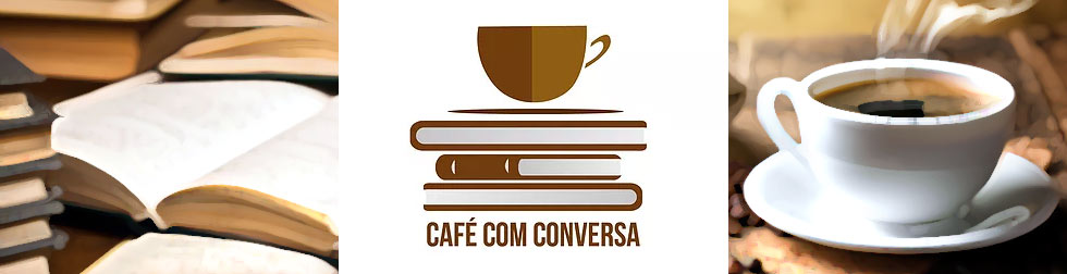 Ilustração de livros no canto esquerdo; ao centro, uma xícara de café em cima de livros; e, no canto direito, uma xícara de café