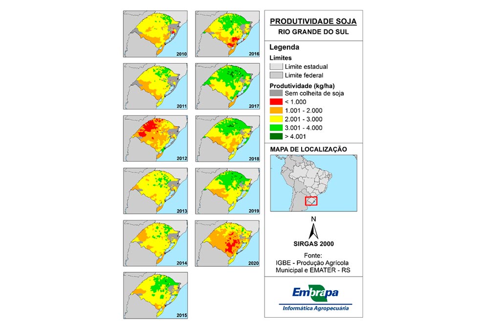 Variação da produtividade de soja no Rio Grande do Sul, em kg/ha, no período de 2010 a 2020. Nas áreas em verde não houve perdas de produtividade no ano indicado.