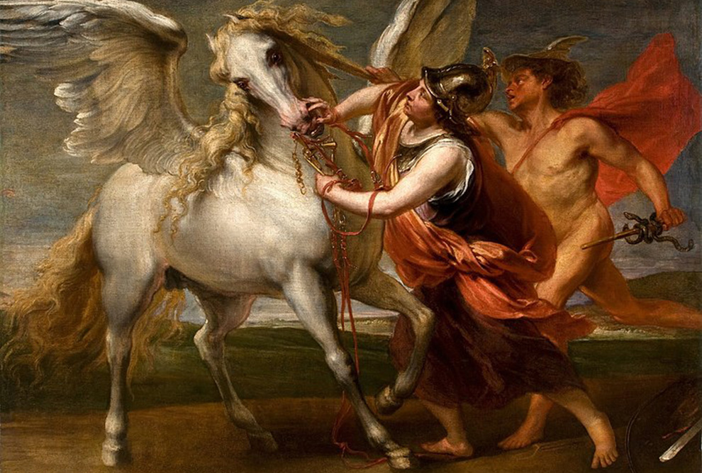 Pintura que mostra à esquerda um cavalo branco com asas e à direita dois homens, o primeiro usa capacete e um manto vermelho e o segundo usa apenas um manto vermelho sobre o corpo. 