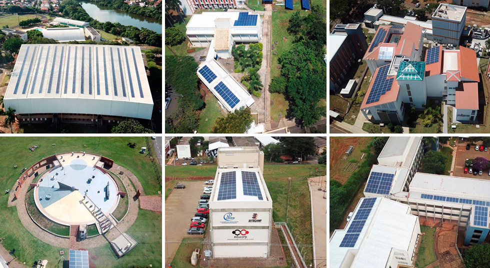 foto mostra locais da unicamp com placas de energia fotovoltaica