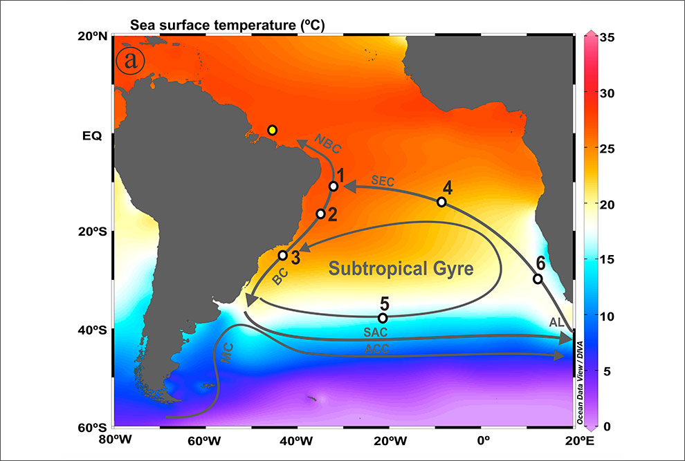 Mapa de localização dos testemunhos sedimentares marinhos 