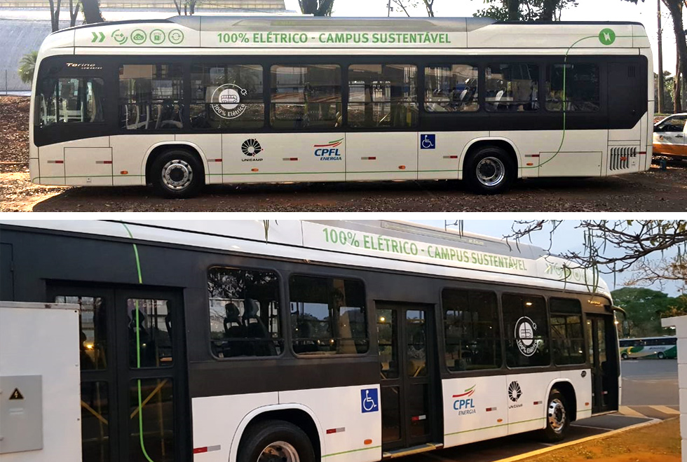 audiodescrição: montagem com duas fotografias coloridas do ônibus elétrico da unicamp