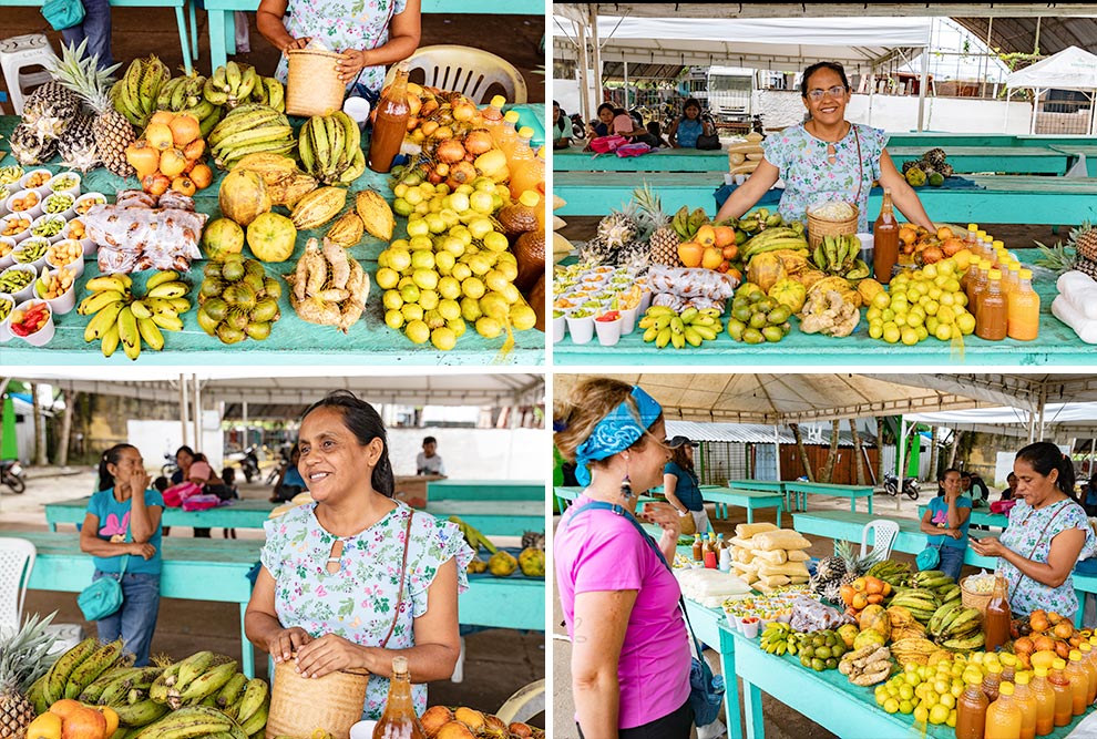 A venezuelana Liliam ou Linda (como é conhecida) em sua banca de frutas, pimentas e farinhas na Feira Indígena Municipal
