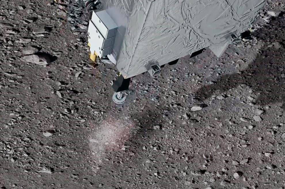 Ilustração mostrando como será a coleta da amostra da superfície de Bennu pela Missão OsirisREx, e que será posteriormente retornada à Terra para análises (imagem: NASA)
