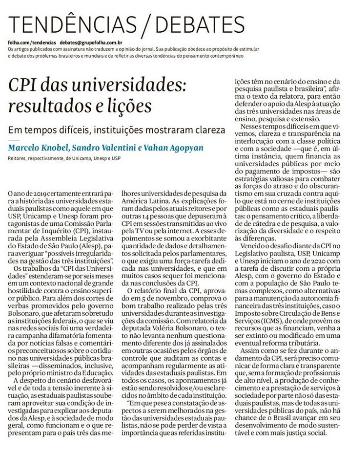 Artigo dos reitores das três universidades estaduais paulistas, publicado pela Folha de S. Paulo