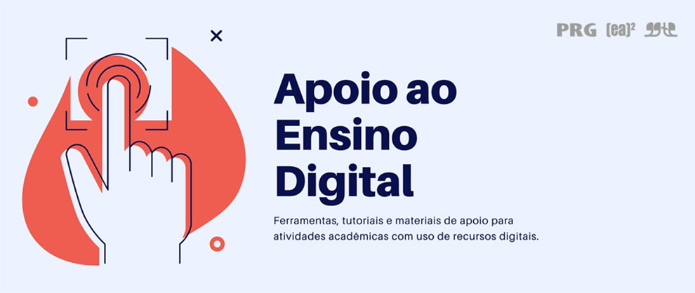 imagem mostra a logomarca do ea2, com uma mão pressionando um botão, e a frase "página de apoio ao ensino digital"