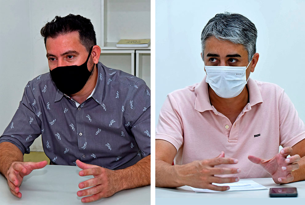 O diretor do SBU Oscar Eliel (à esquerda) e o diretor adjunto Márcio Souza Martins: uso de bases de dados para avaliar a produção científica da Universidade 