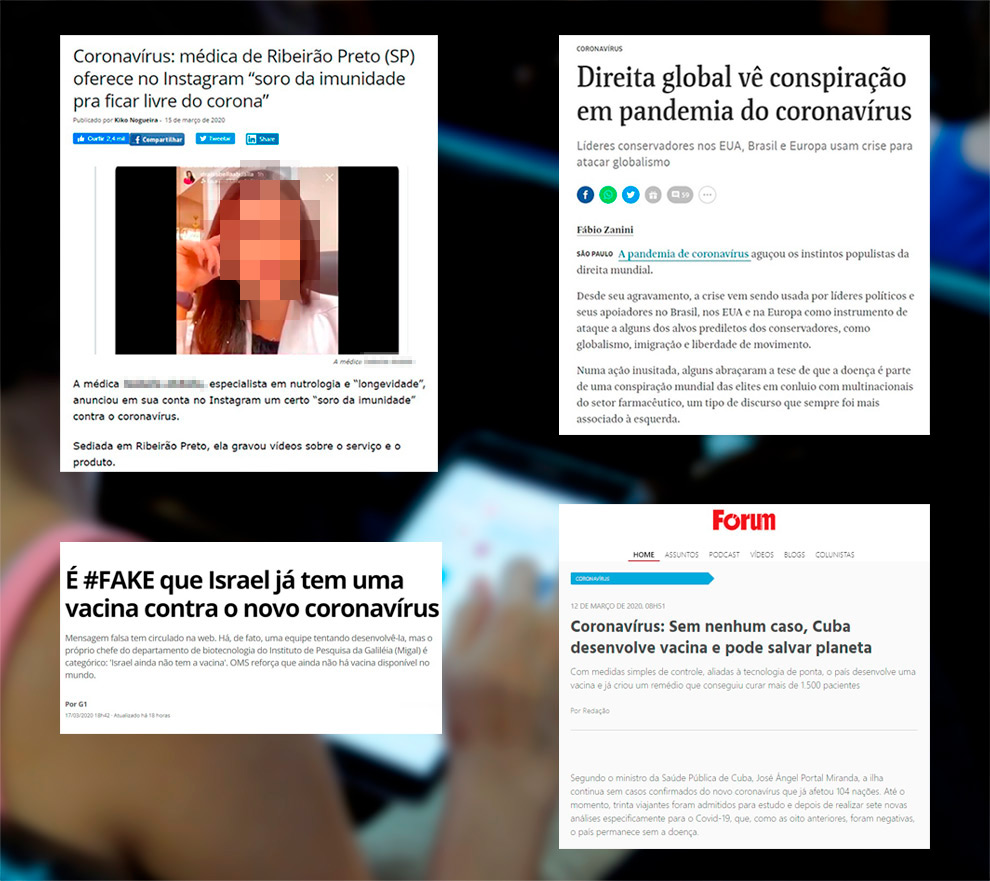 montagem mostra prints de sites com notícias falsas