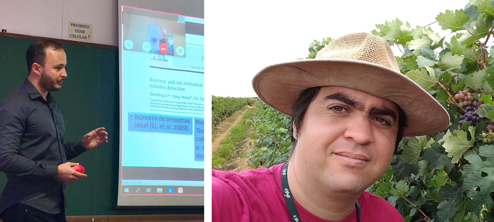 Da esquerda para direita: Osvaldo Vasconcelos, do IFAP, doutorado resultou no “fruto artificial”, inovação na agricultura digital e Daniel Costa, da Univasf, que desenvolveu o OptoFruit, equipamento patenteado para a vinicultura