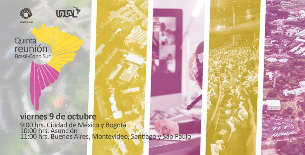 audiodescrição: cartaz de divulgação da reunião brasil cone sul da udual; o cartaz tem imagens de campi de universidades e um mapa da américa latina de cor amarela e rosa