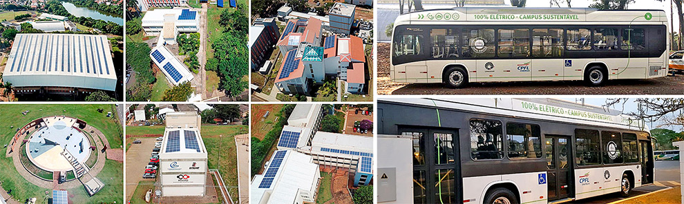 fotos mostram paineis fotovoltaicos em prédios da unicamp e o ônibus elétrico
